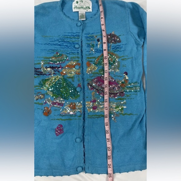 Quacker Factory Embellished Cardigan Sweater XS Sequin Beads Beach Umbrella BLUE - Picture 8 of 16